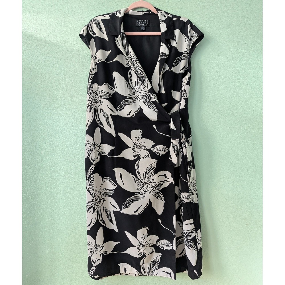 Vintage Spenser Jeremy Woman 100% Silk Floral Wrap Dress Black White Sleeveless
